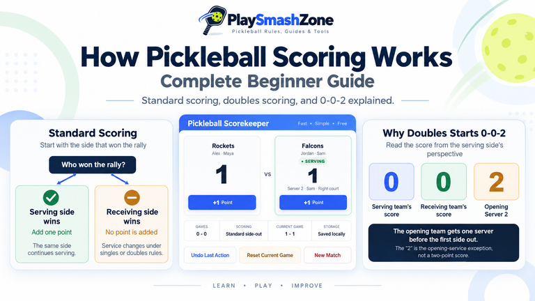 How pickleball scoring works for beginners, showing standard scoring, a PlaySmashZone doubles scorekeeper example, and why doubles starts at 0-0-2.