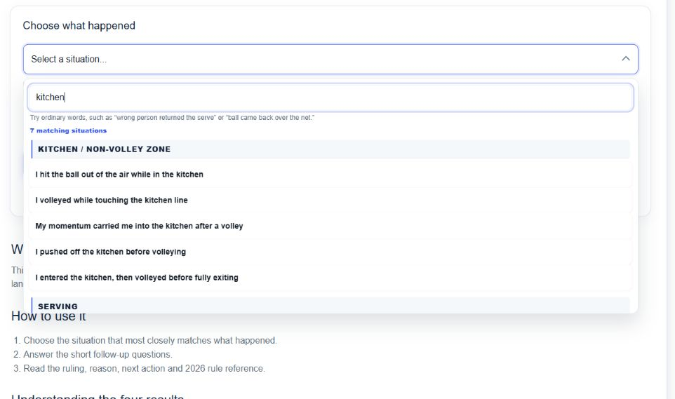 PlaySmashZone Pickleball Rule & Fault Checker situation selector filtered to show kitchen-related situations.