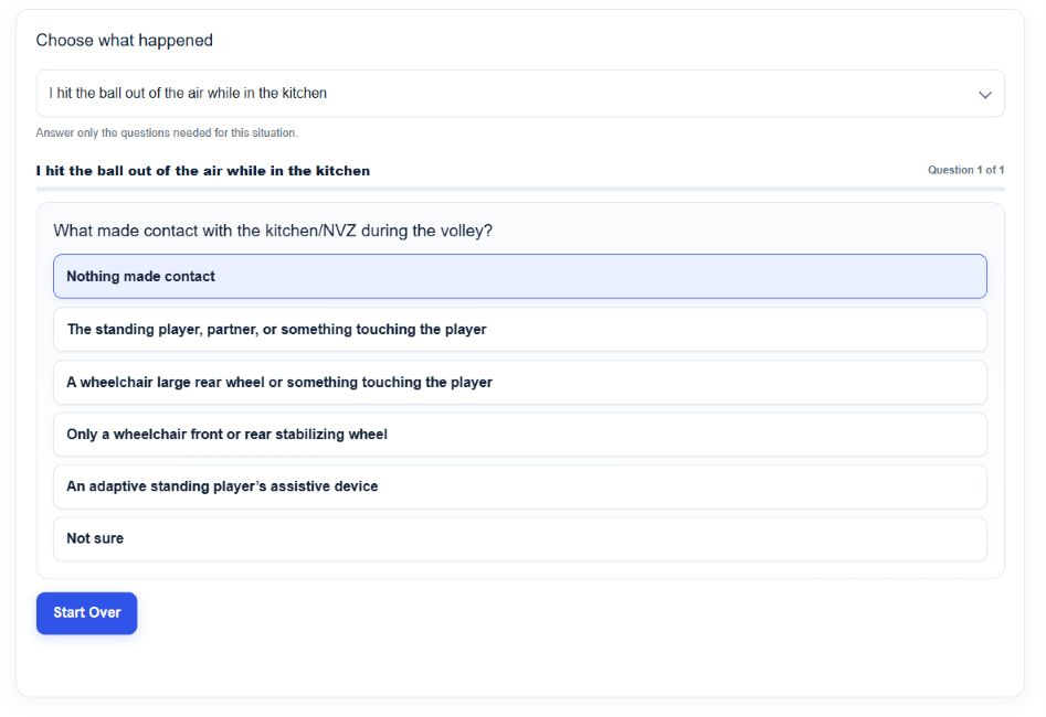 Guided Rule Checker question asking what contacted the kitchen during a volley, with specific answer choices and a Not sure option.