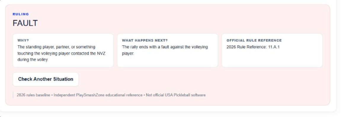 PlaySmashZone Rule Checker FAULT result showing the explanation, next action, and 2026 Rule Reference 11.A.1.