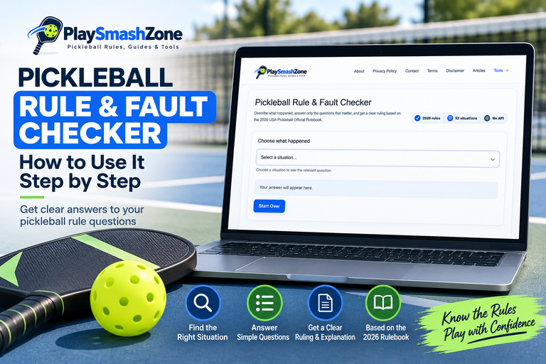 PlaySmashZone Pickleball Rule & Fault Checker guide showing the tool interface on a laptop with step-by-step rule-checking instructions.