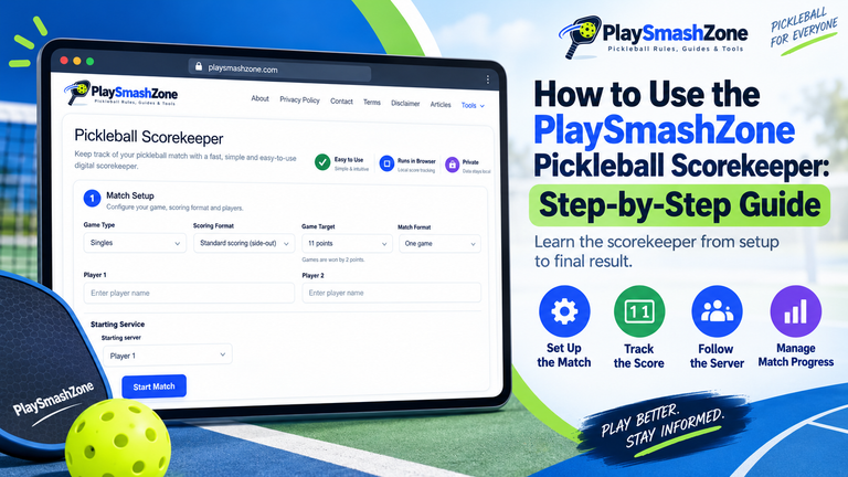 PlaySmashZone Pickleball Scorekeeper step-by-step guide showing the match setup screen, scoring options, server tracking, and match progress.
