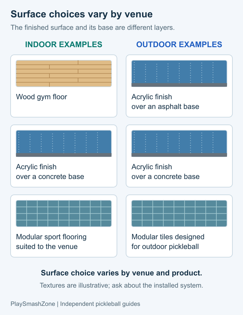Examples of indoor and outdoor pickleball surfaces, including wood flooring, acrylic finishes over concrete or asphalt, and suitable modular systems.
