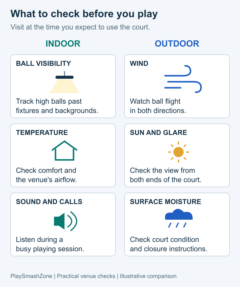 Indoor venue checks for ball visibility, temperature and sound, compared with outdoor checks for wind, sun and surface moisture.