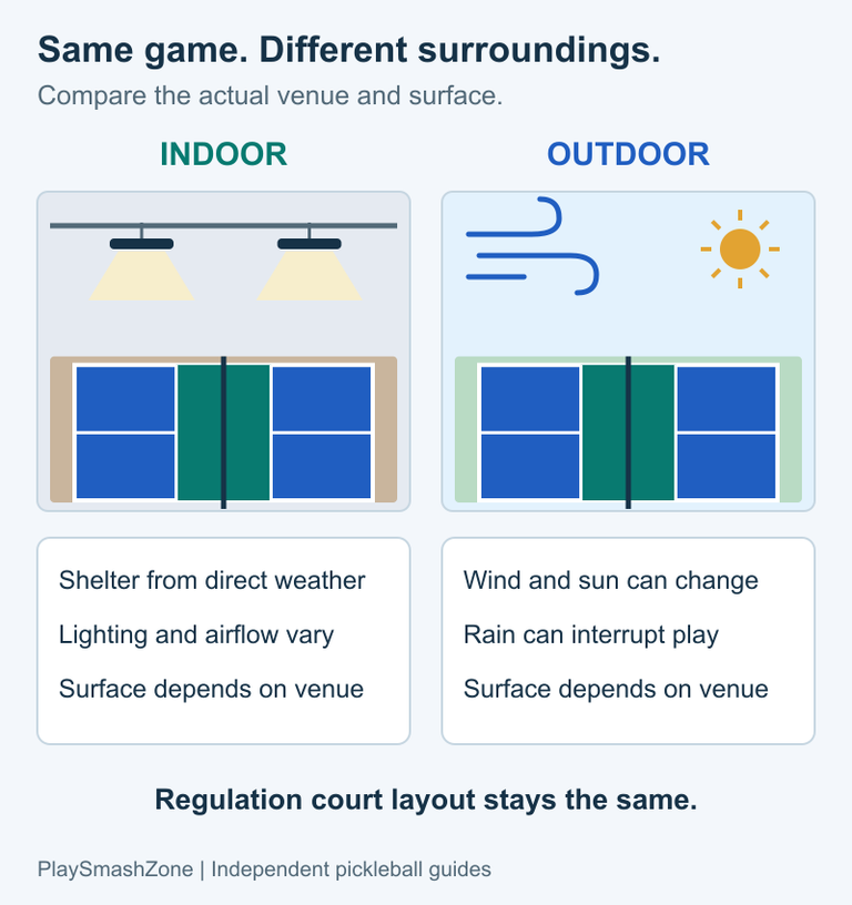Side-by-side indoor and outdoor pickleball courts showing artificial lighting indoors and wind and sunlight outdoors, with the same court layout.