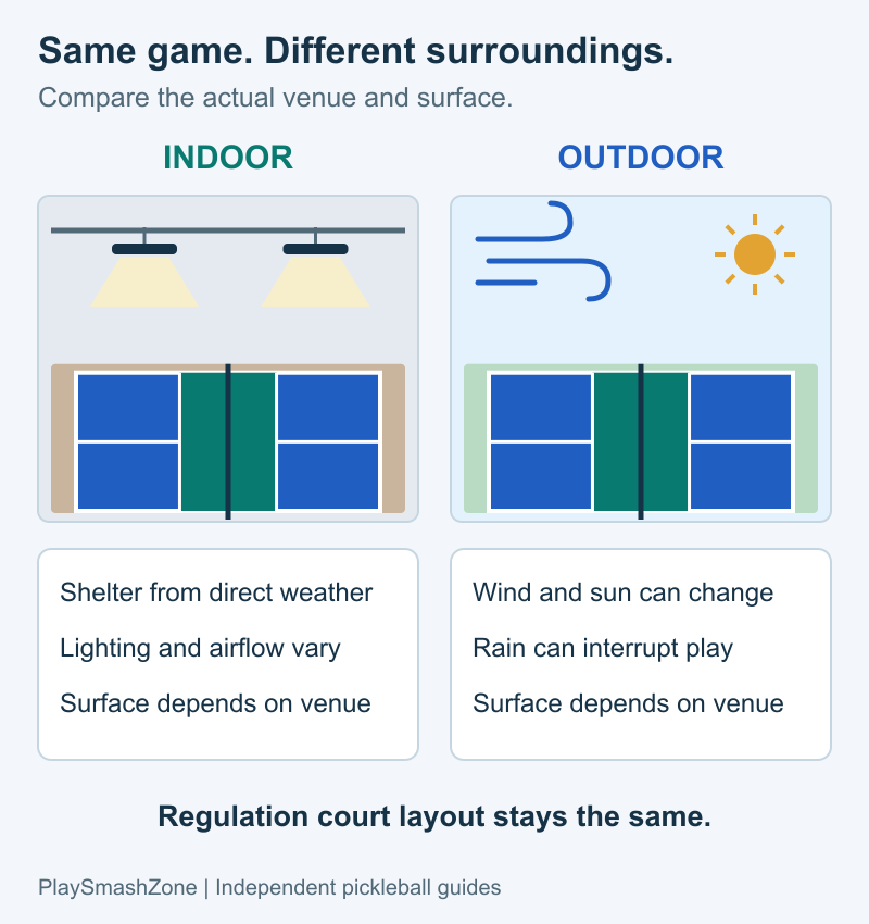 Side-by-side indoor and outdoor pickleball courts showing artificial lighting indoors and wind and sunlight outdoors, with the same court layout.
